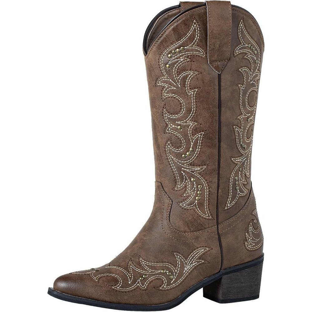 SheSole Western Boots Women Dark Brown Faux Leather Square Toe Wide Mid Calf